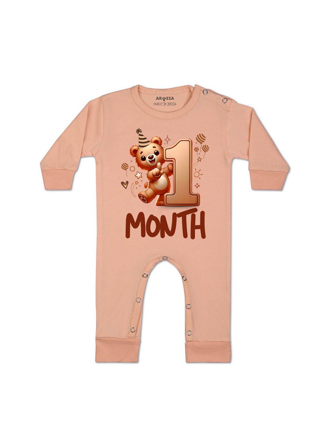 

Arvesa One Month Baby Boy Printed Baby Romper, Peach