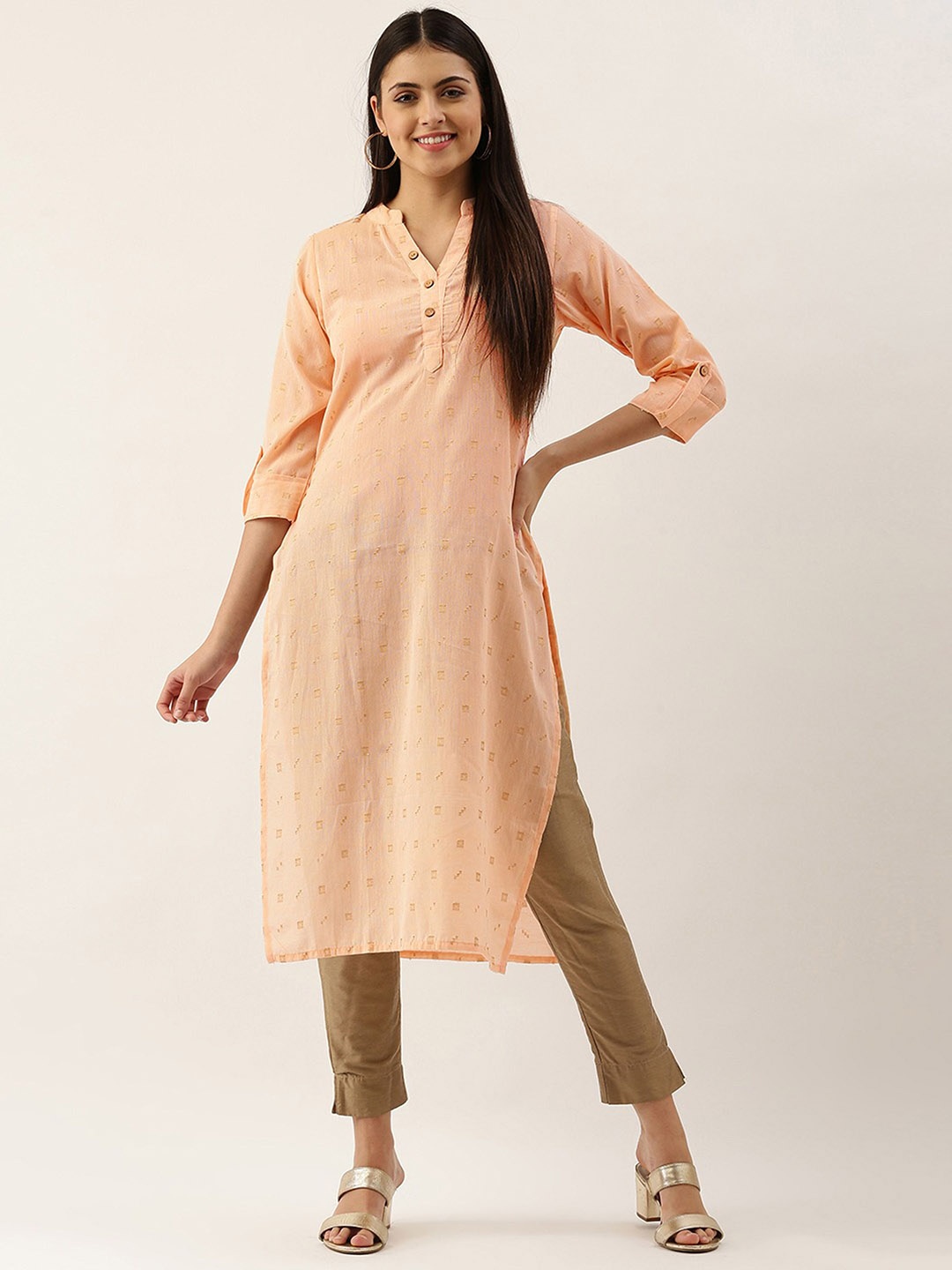

DIVASTRI Geometric Woven Design Mandarin Collar Straight Cotton Kurta, Peach