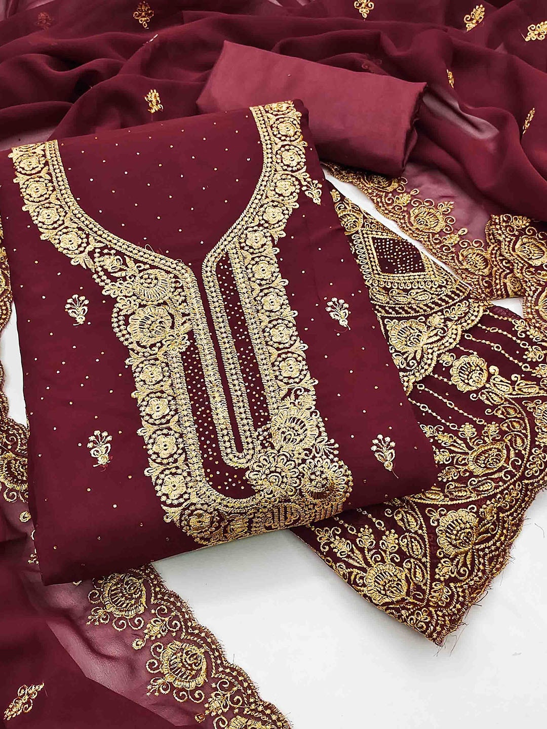 

Blissta Embellished Unstitched Dress Material, Maroon