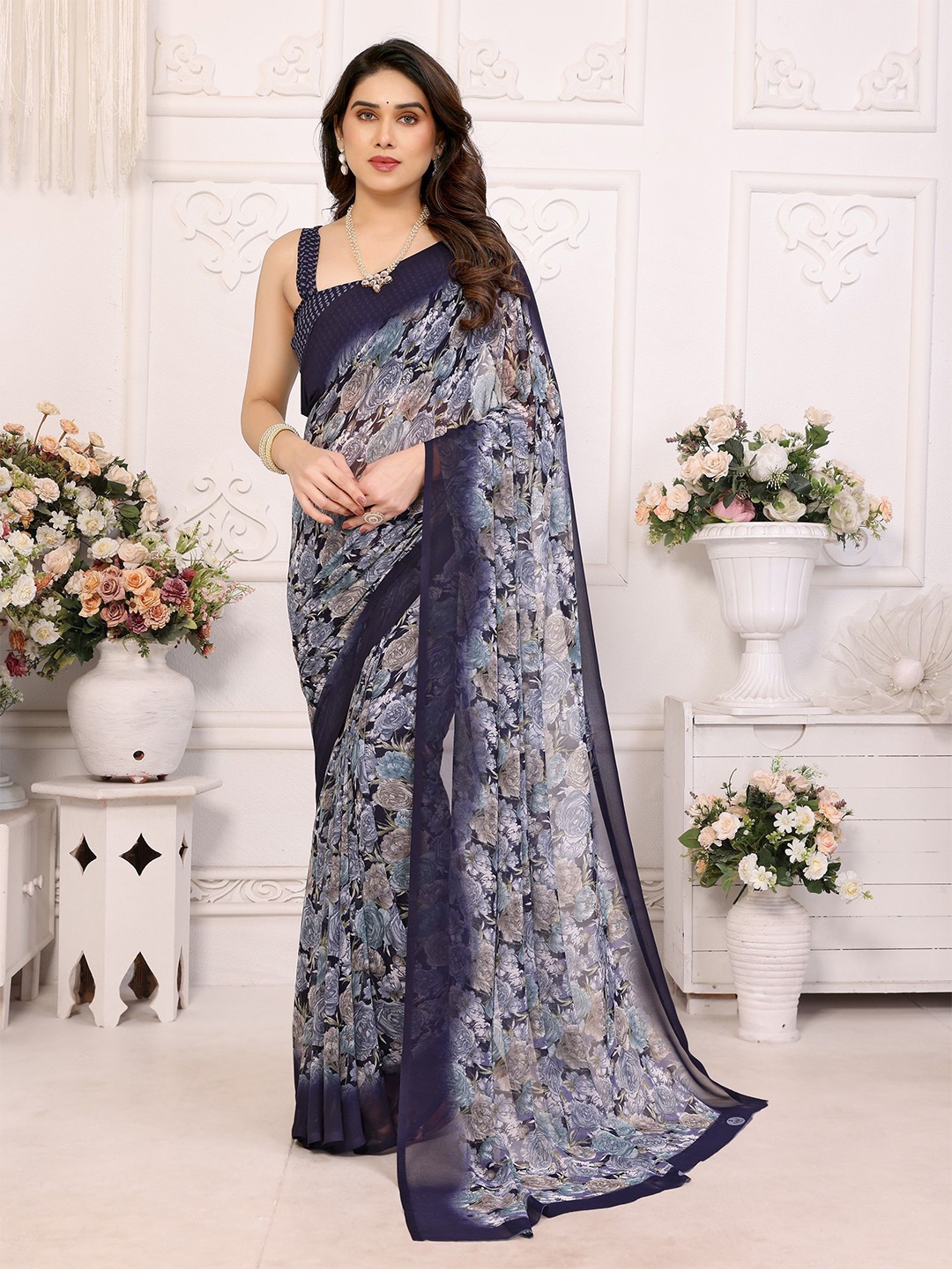 

Moda Rapido Floral Pure Georgette Saree, Blue