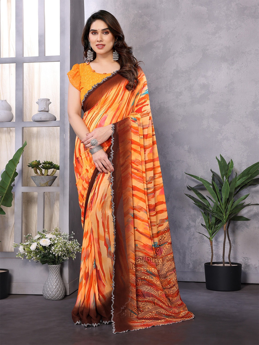 

Moda Rapido Tie and Dye Beads and Stones Pure Georgette Saree, Orange