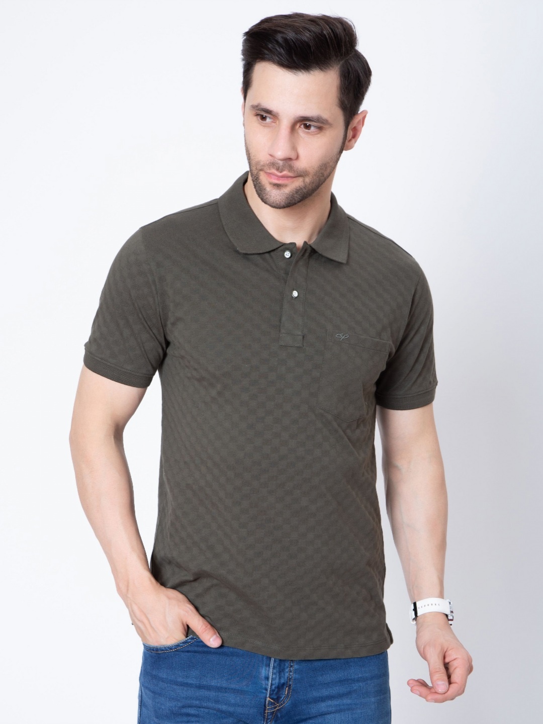 

Sparky Men Striped Polo Collar Pockets T-shirt, Olive