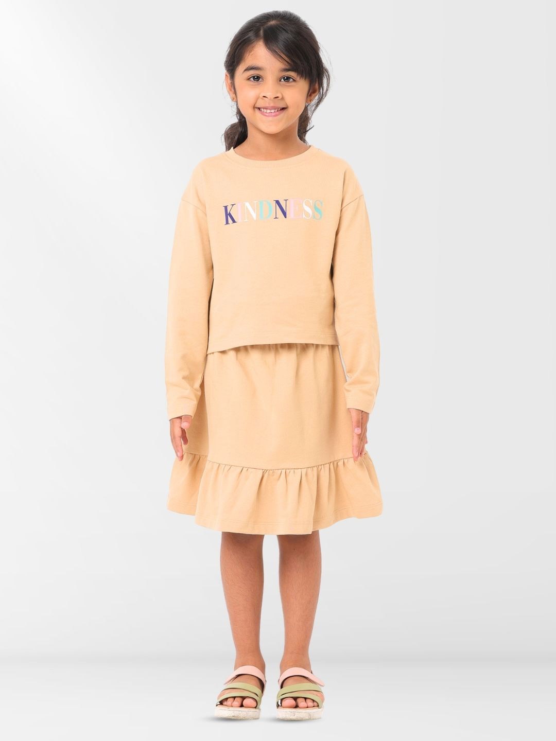 

Nuego Kids Girls Graphic Print Pure Cotton T-Shirt with Skirt Clothing Set, Beige