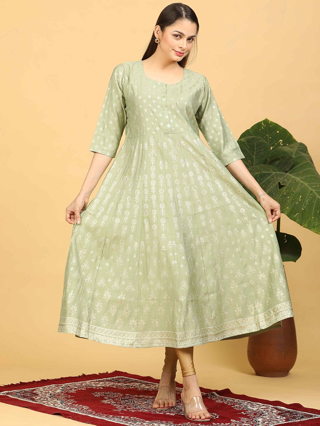 

GOLDSTROMS Floral Printed Silk Anarkali Kurta, Green