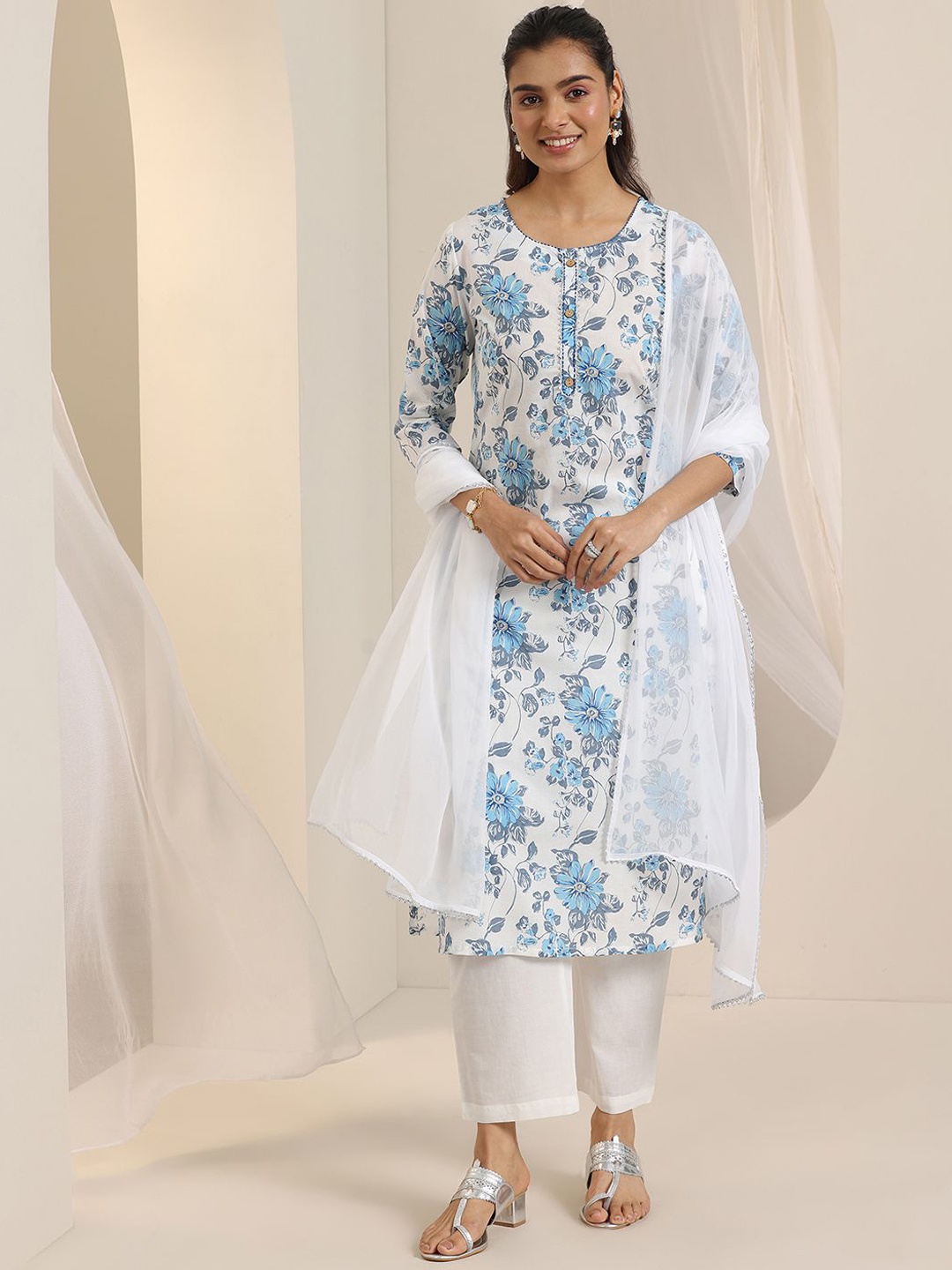 

Libas Floral Printed Round Neck Gotta Patti Kurta With Trousers & Dupatta, White