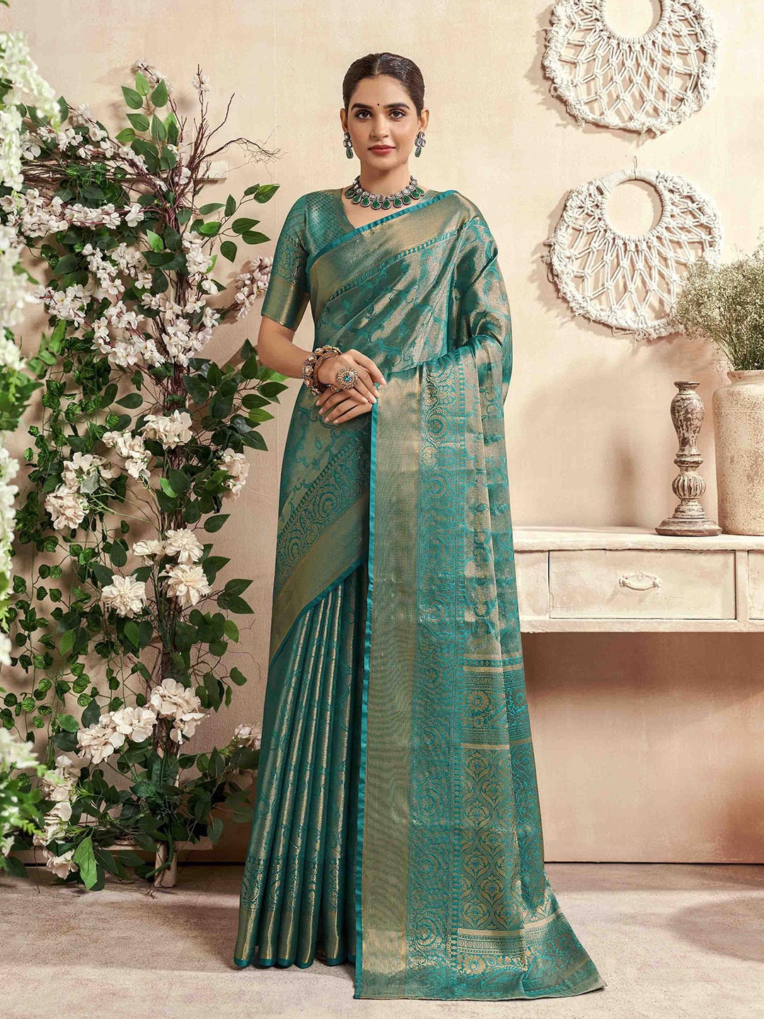

Mitera Woven Design Zari Silk Blend Dharmavaram Saree, Turquoise blue