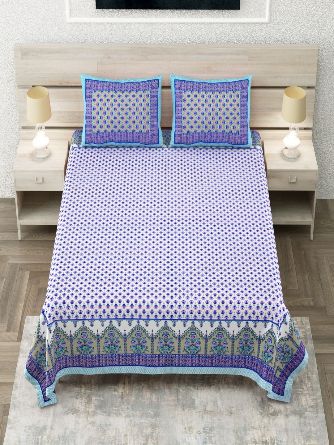 

Aapno Rajasthan White Ethnic Motifs Pure Cotton 144 TC King Bedsheet Set 2.74 m x 2.74 m