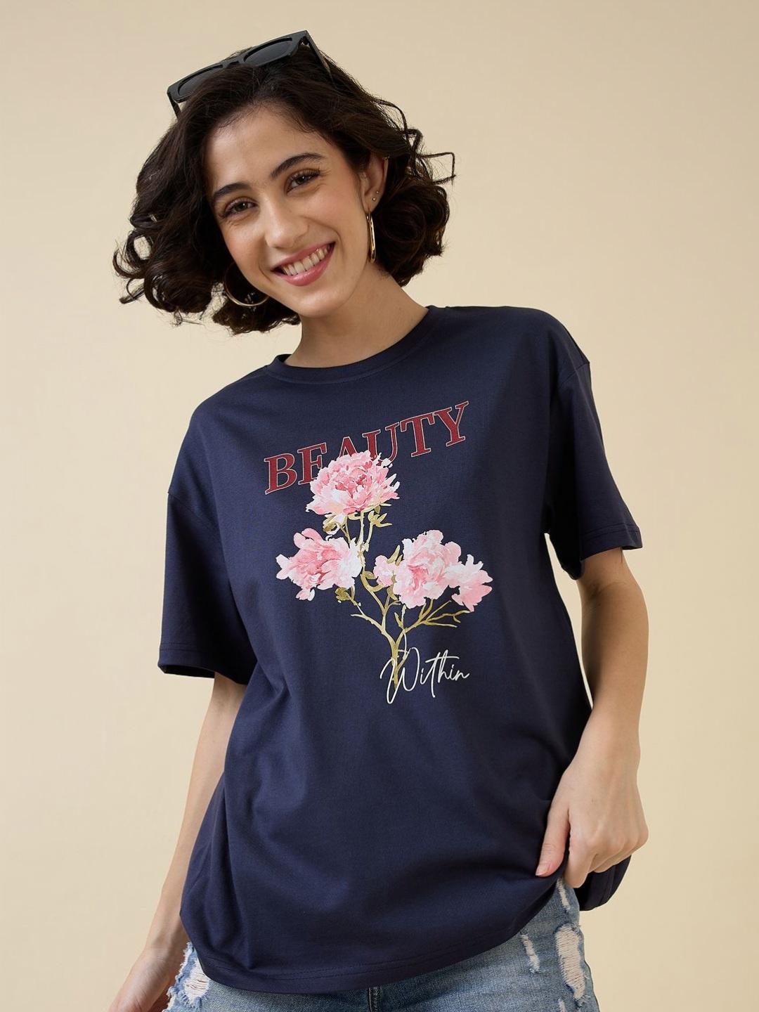 

Mast & Harbour Women Printed Applique T-shirt, Navy blue