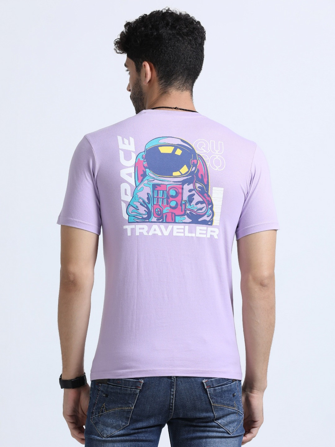 

Quco Men Graphic Printed Biowashed Round Neck Cotton Tshirt, Violet