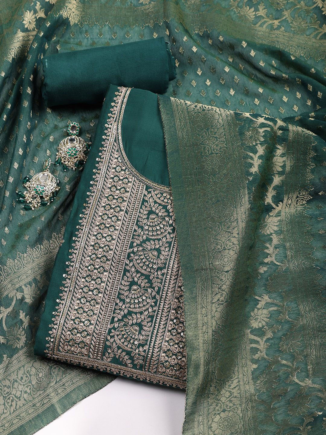 

Meena Bazaar Embroidered Art Silk Unstitched Dress Material, Green