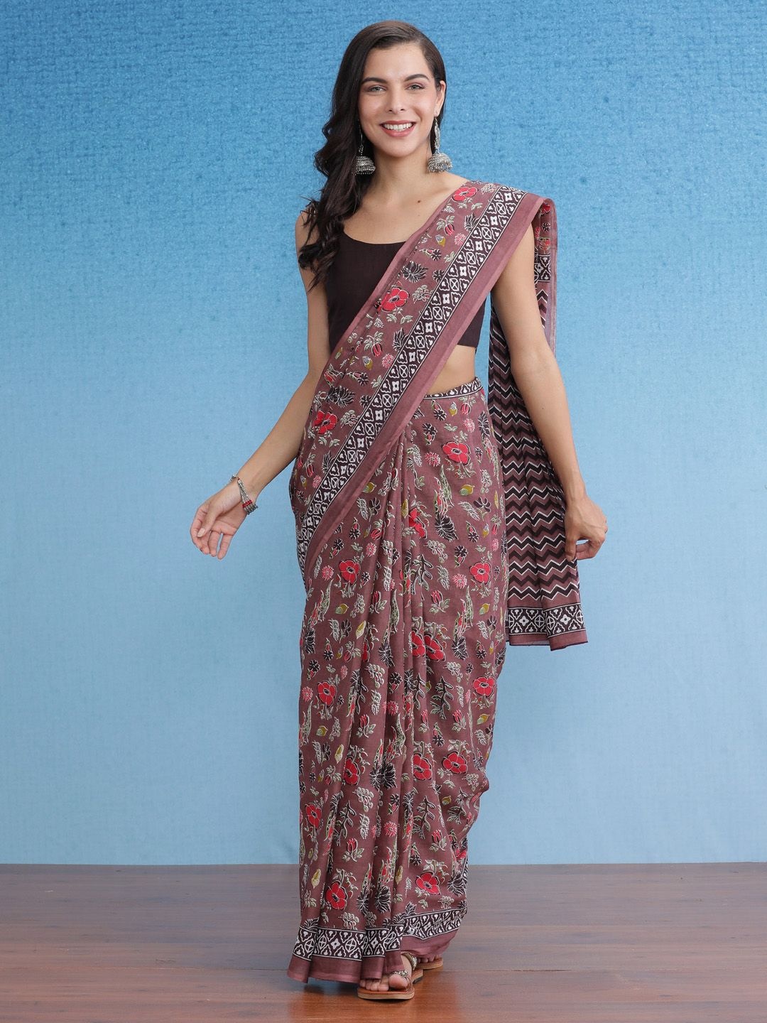 

Anouk Rustic Floral Bagru Saree, Brown