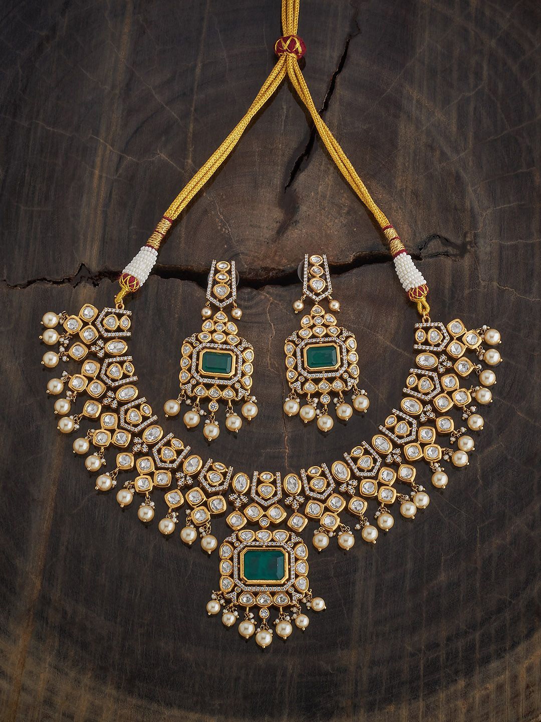 

Kushal's Fashion Jewellery Green Victorian Plated Ethnic Kundan Jewellery Set, Gold
