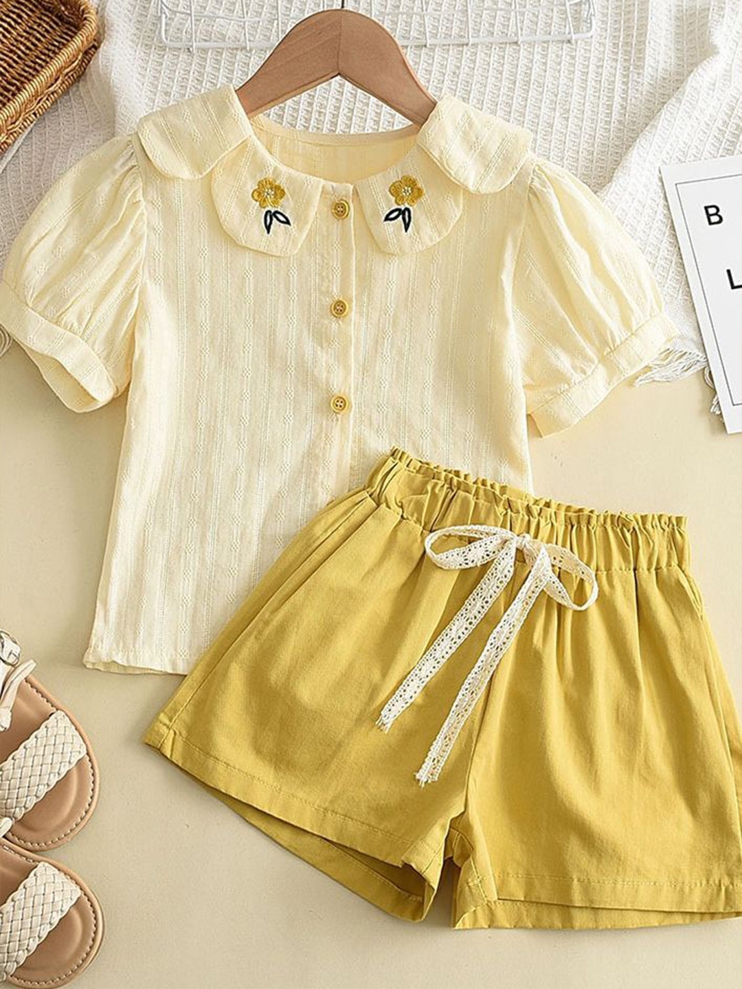 

LULU & SKY Girls Self Design Peter Pan Collar Puff Sleeves Shirt With Shorts, Cream