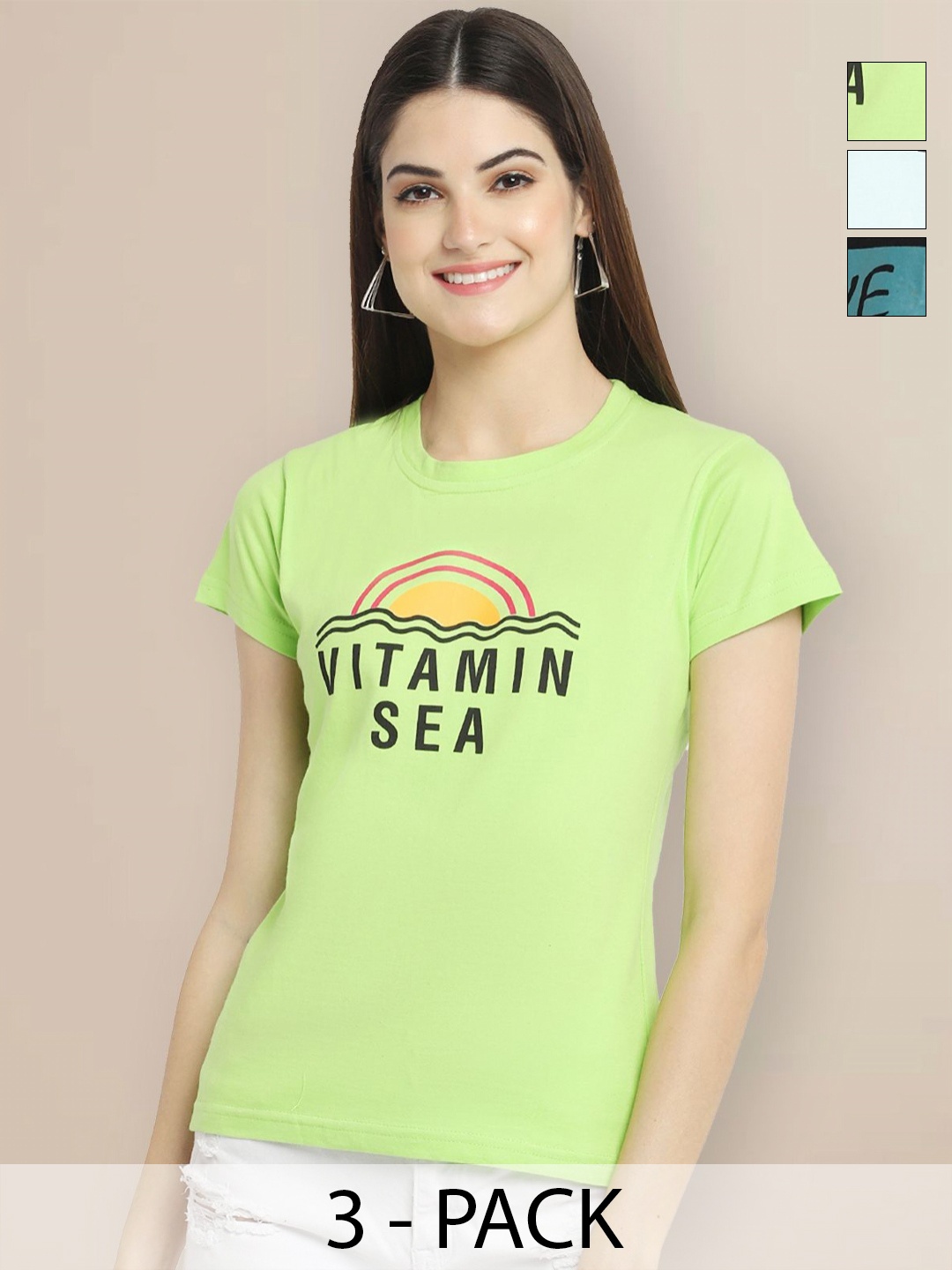 

Metronaut Women Pack of 3 Typography Printed Round Neck Cotton T-shirts, Green