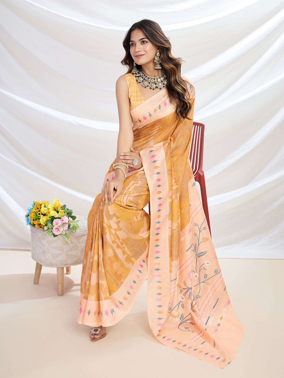 

Ishin Woven Design Zari Silk Blend Saree, Orange