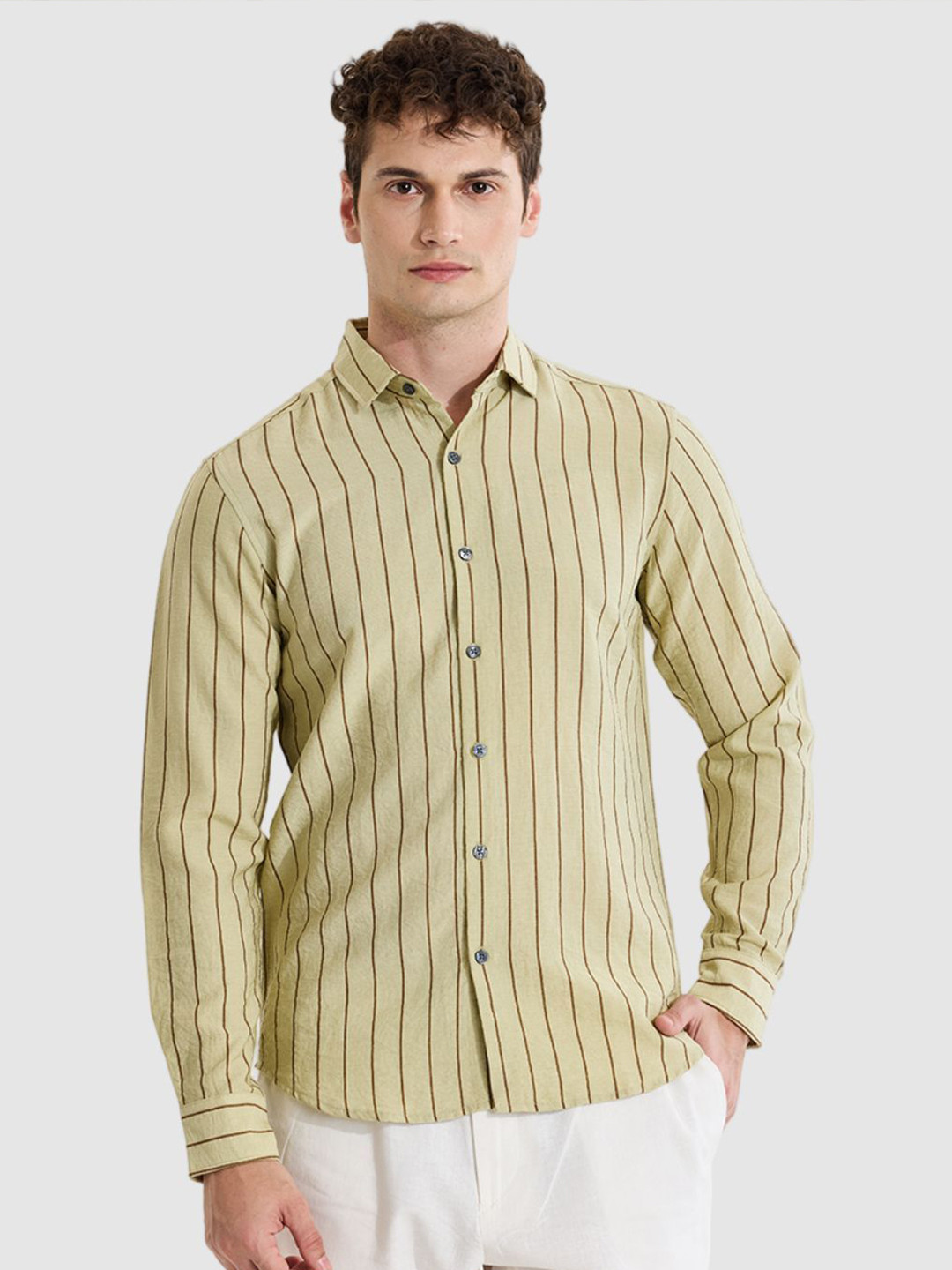 

Snitch Men Smart Slim Fit Opaque Striped Casual Shirt, Green