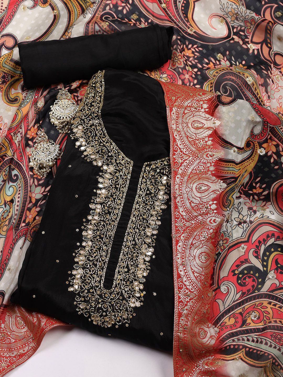 

Meena Bazaar Embellished Organza Unstitched Dress Material, Black