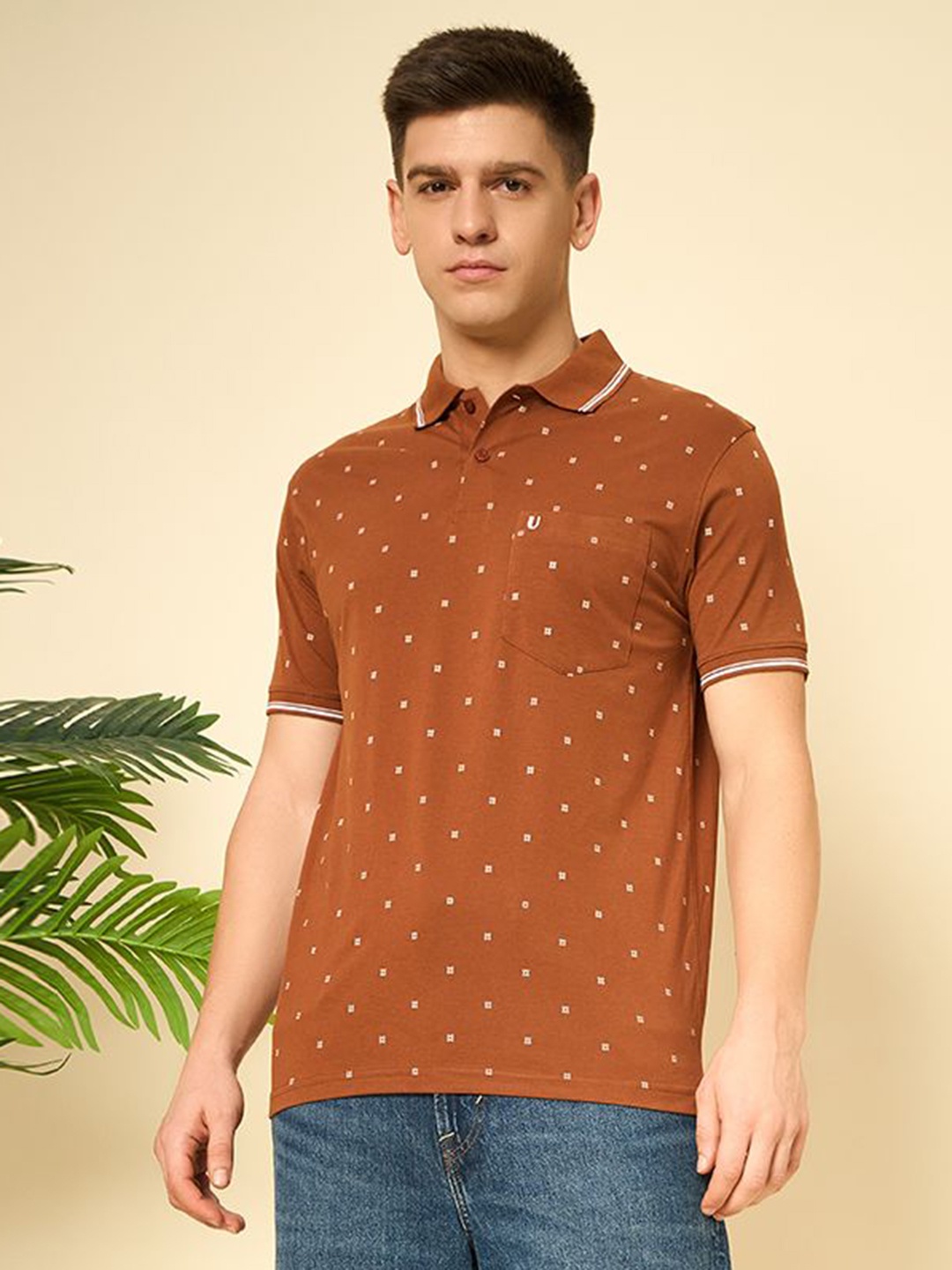 

UNIBERRY Men Printed Polo Collar Tropical T-shirt, Brown
