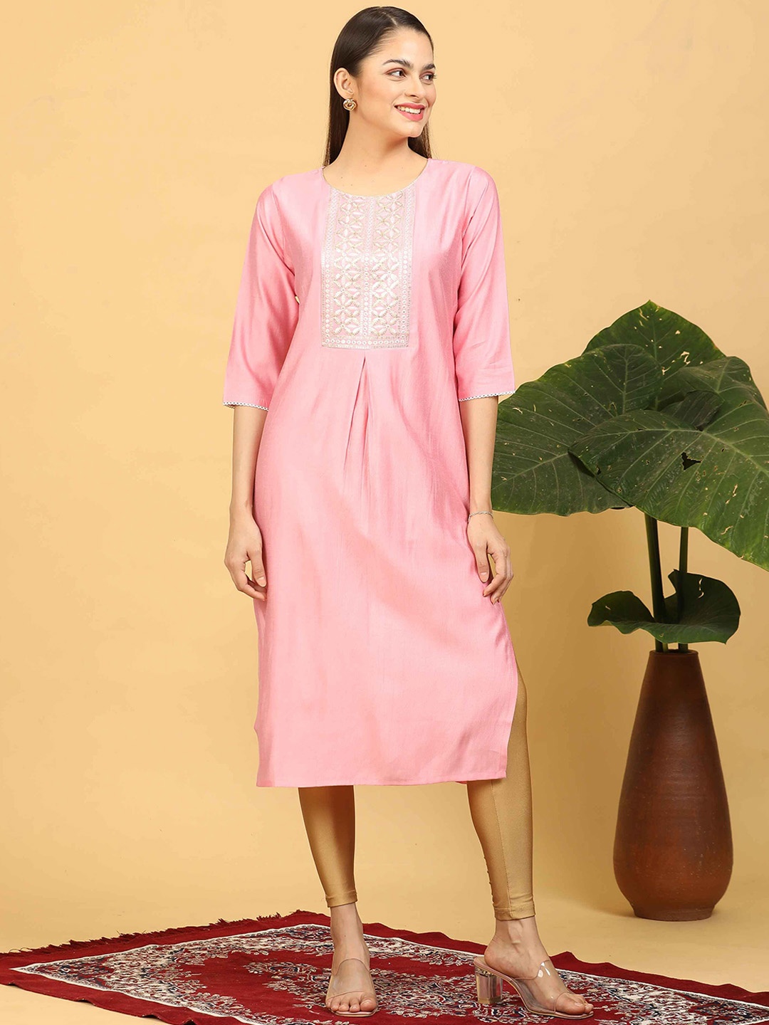 

GOLDSTROMS Floral Yoke Design Mirror Work Silk Straight Kurta, Pink