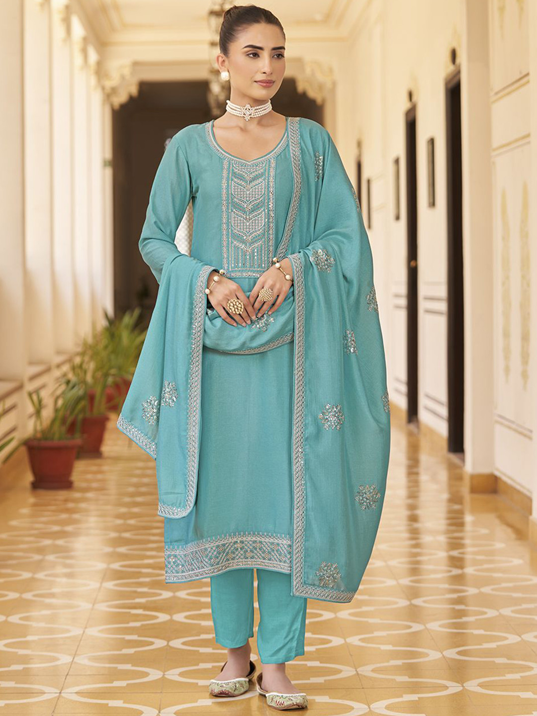 

HRITIKA Women Ethnic Motifs Embroidered Regular Sequinned Kurta with Trousers & With Dupatta, Blue