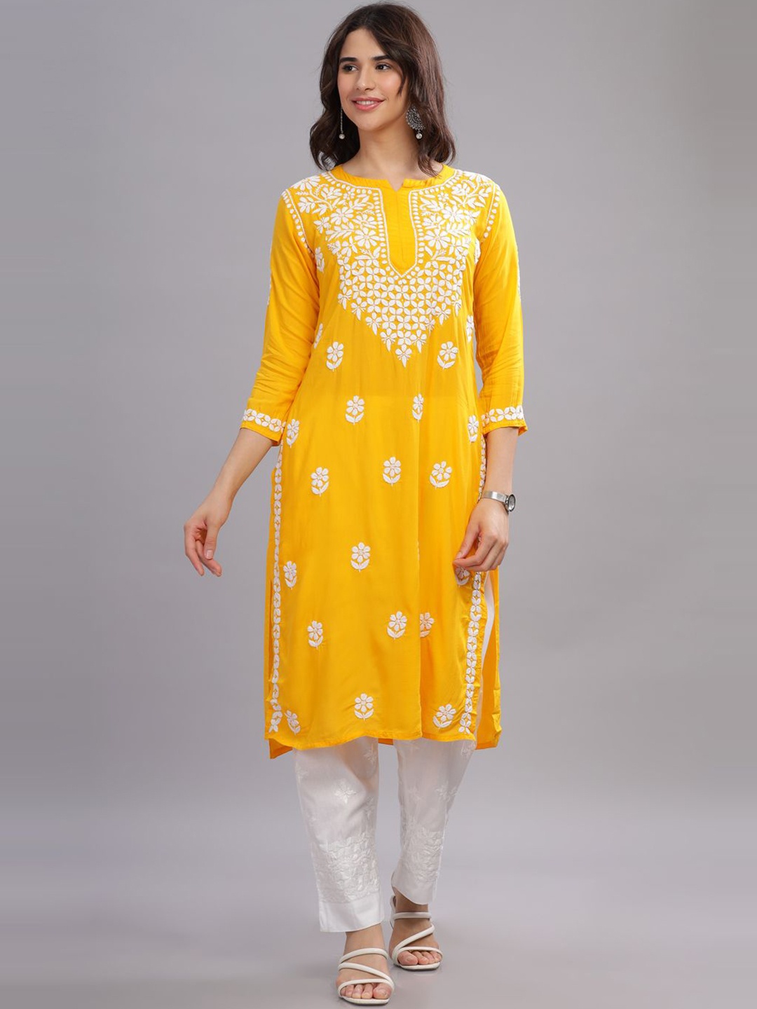 

Club Loom Floral Embroidered Notch Neck Chikankari Pure Cotton Straight Kurta, Yellow