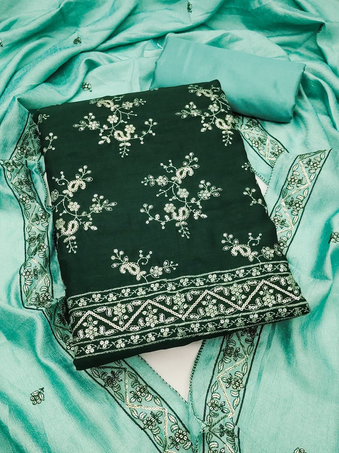 

BlissFlair Paisley Embroidered Sequinned Unstitched Dress Material, Green