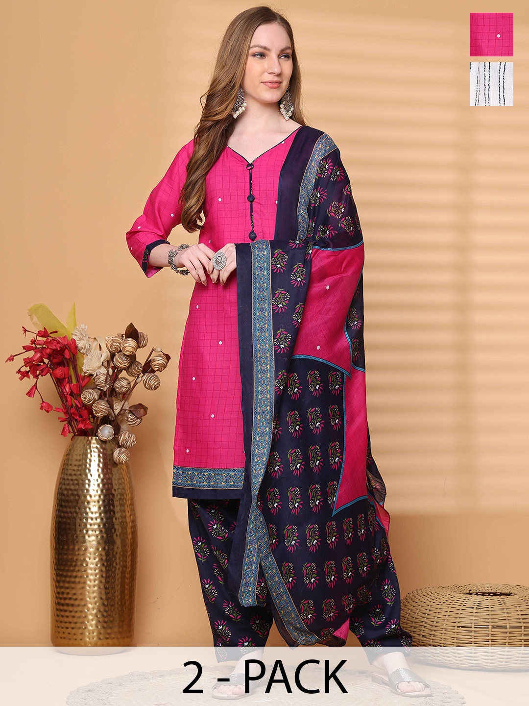 

Rajnandini Women Floral Printed Regular Kurta with Salwar & With Dupatta, Pink