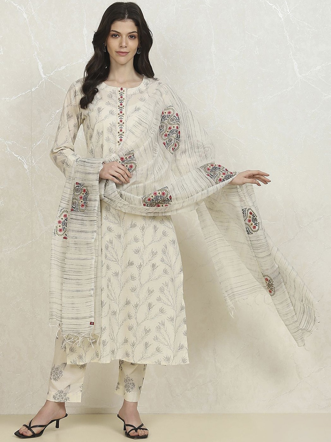 

Biba Floral Printed Thread Work Pure Cotton Unstitched Dress Material, White