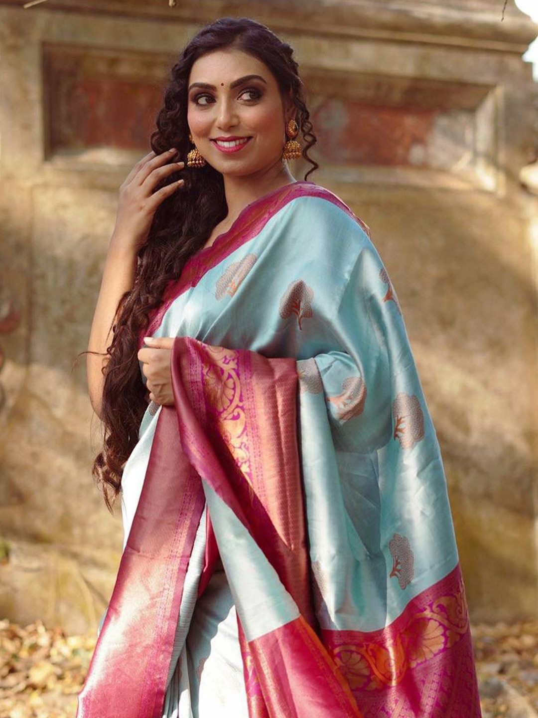 

Anouk Rustic Woven Design Zari Silk Blend Banarasi Saree, Blue
