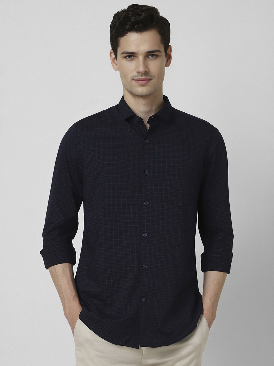 

Peter England Men Slim Fit Opaque Checked Formal Shirt, Navy blue