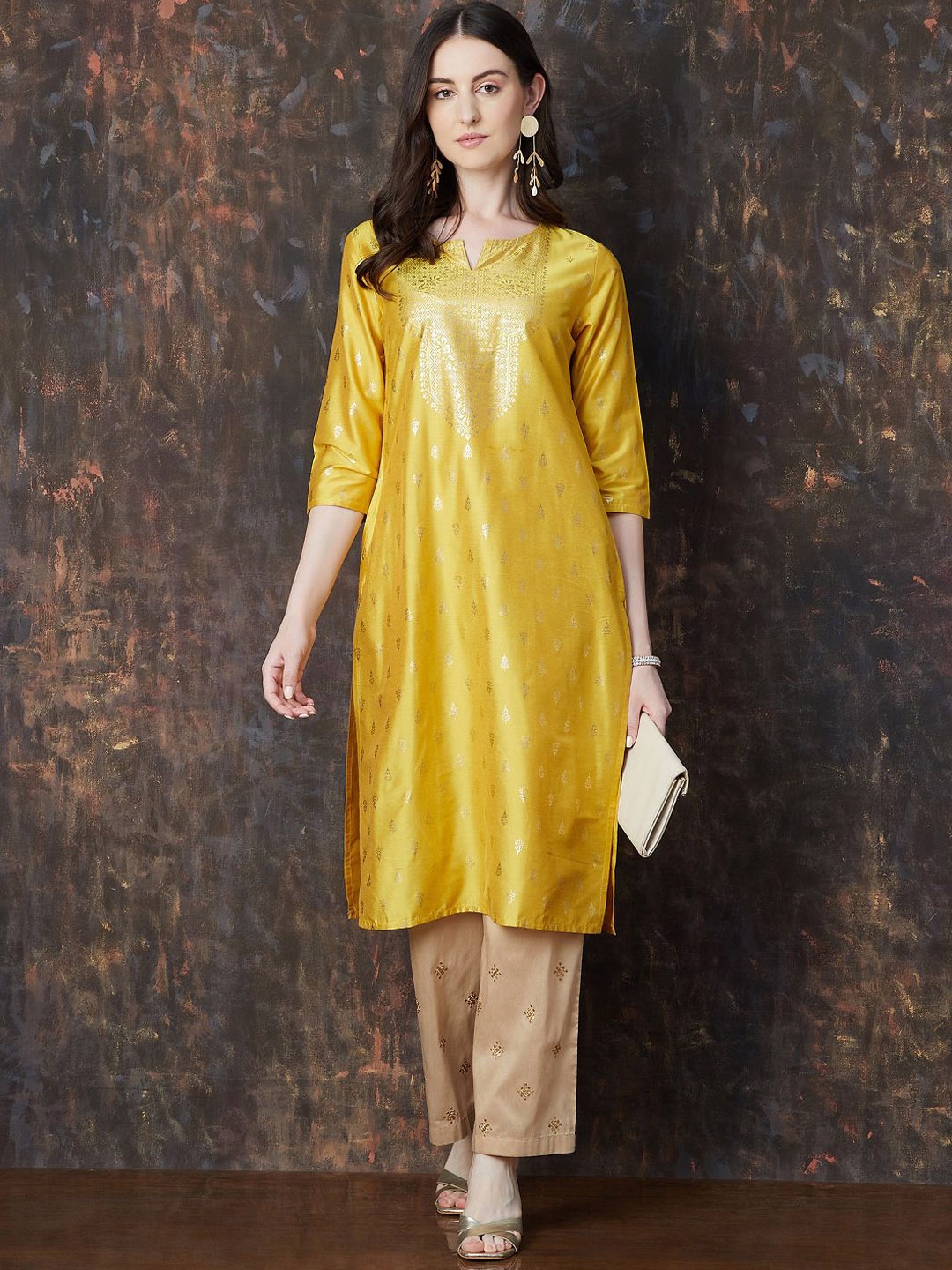 

Melange by Lifestyle Women Ethnic Motifs Embroidered Off-Shoulder Flared Sleeves Kurta, Mustard