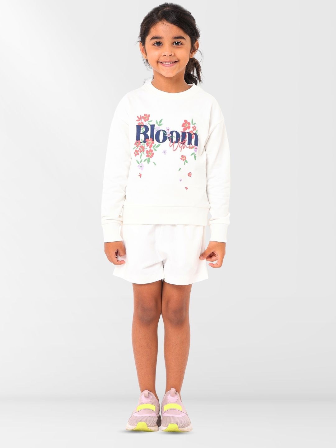 

Nuego Girls Graphic Print Pure Cotton Sweatshirt With Shorts Clothing Set, White