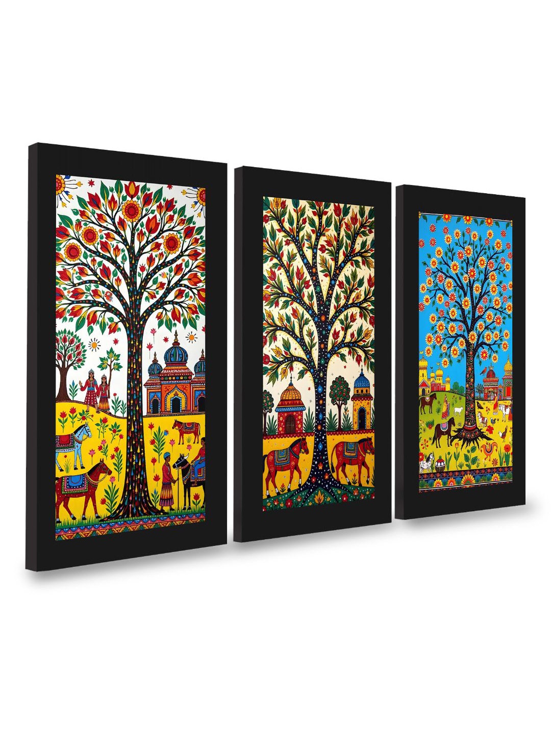 

CVANU Black & Blue 3 Pieces Madhubani Paintings Floral & Botanical Canvas Wall Art
