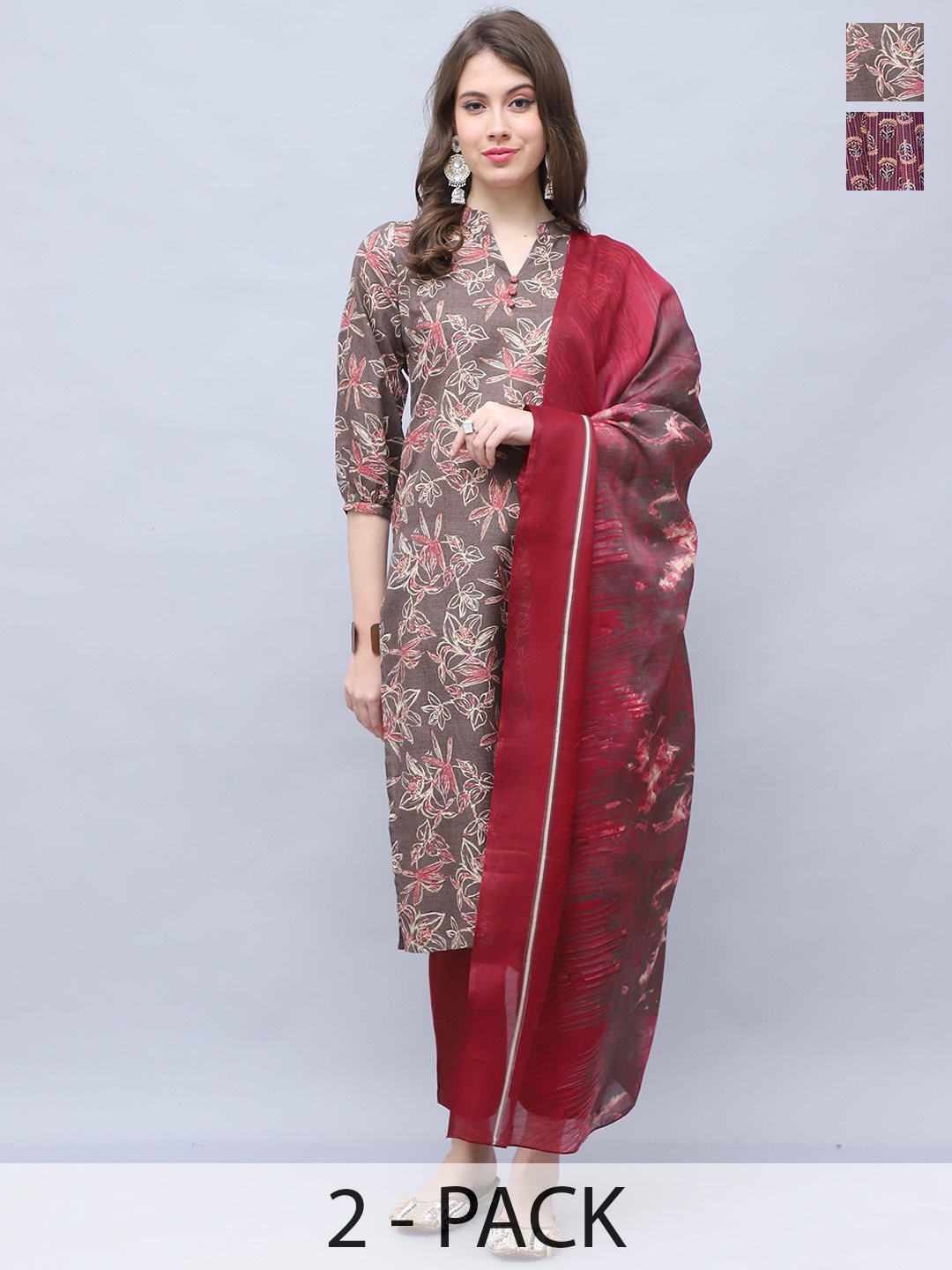 

KALINI Women Floral Printed Regular Kurti with Trousers & With Dupatta, Maroon
