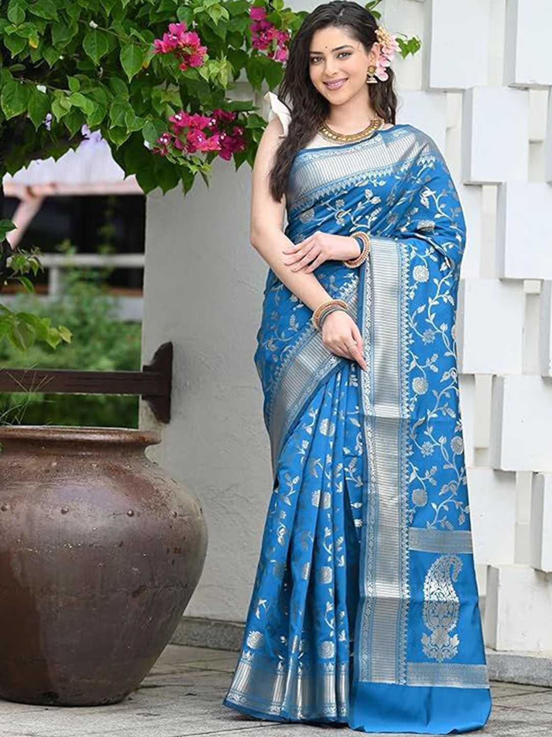 

KALINI Woven Design Zari Pure Silk Kanjeevaram Saree, Blue