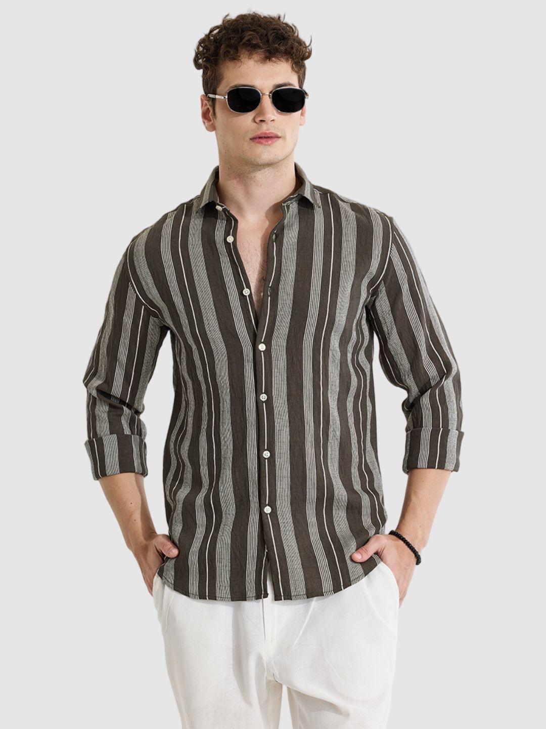 

Snitch Men Smart Slim Fit Opaque Striped Casual Shirt, Olive