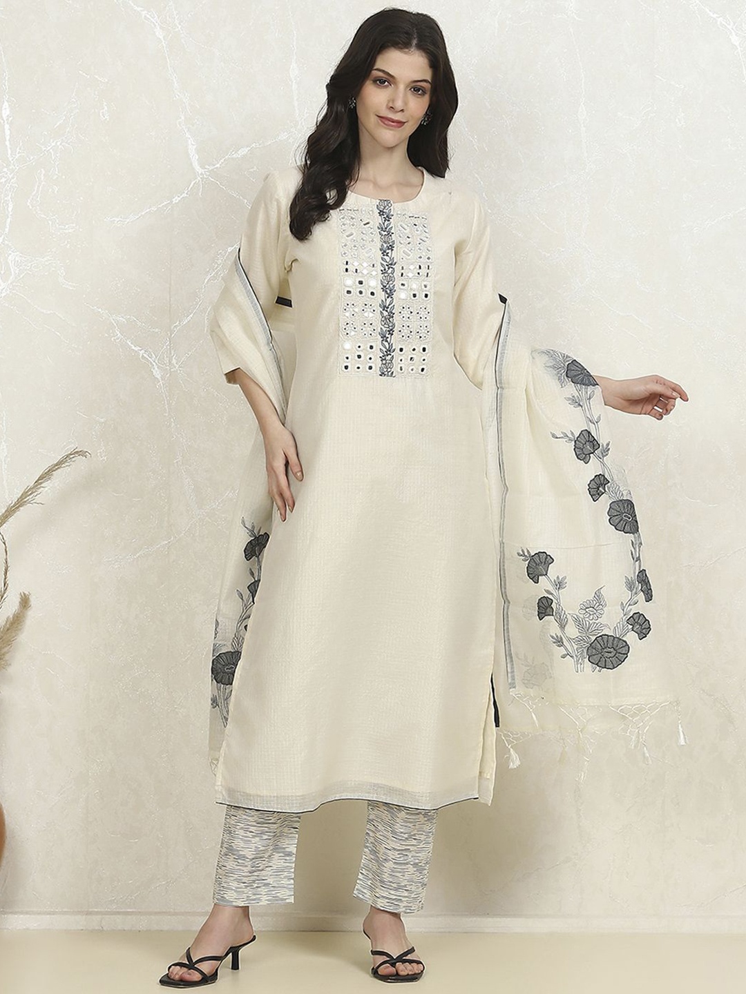 

Biba Geometric Yoke Design Mirror Work Pure Cotton Unstitched Dress Material, White