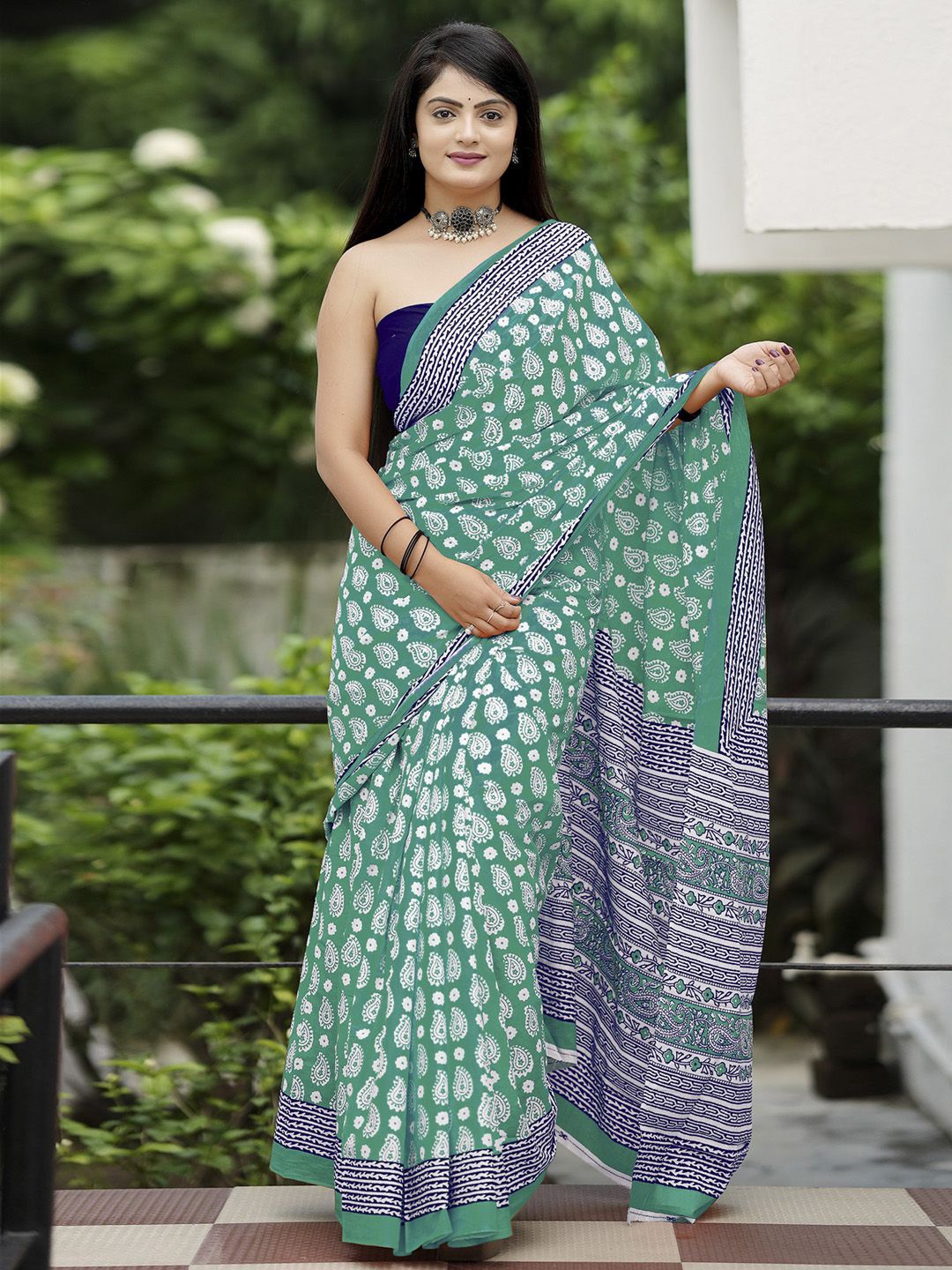 

Anouk Rustic Ethnic Motifs Bagru Saree, Turquoise blue