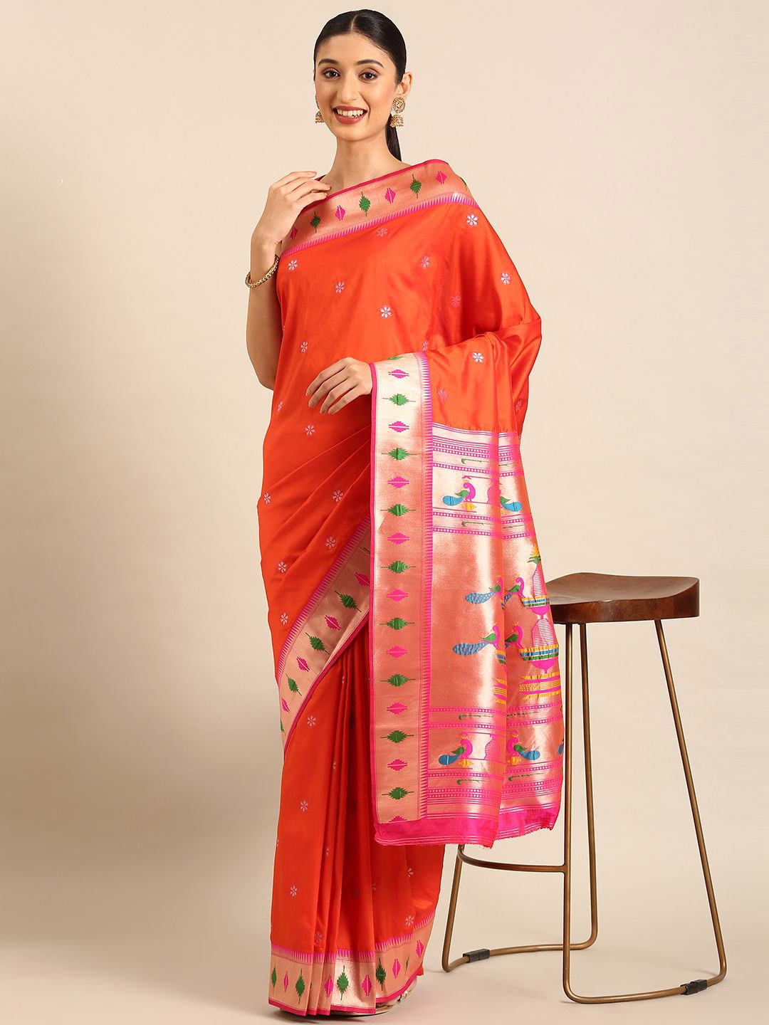 

DIVASTRI Woven Design Zari Silk Blend Paithani Saree, Orange