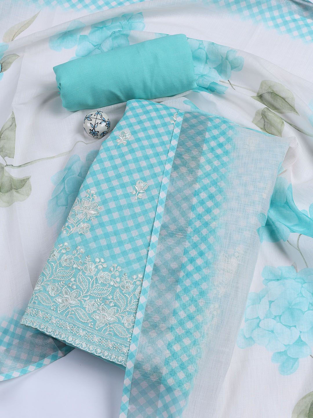 

Meena Bazaar Printed Linen Unstitched Dress Material, Sea green