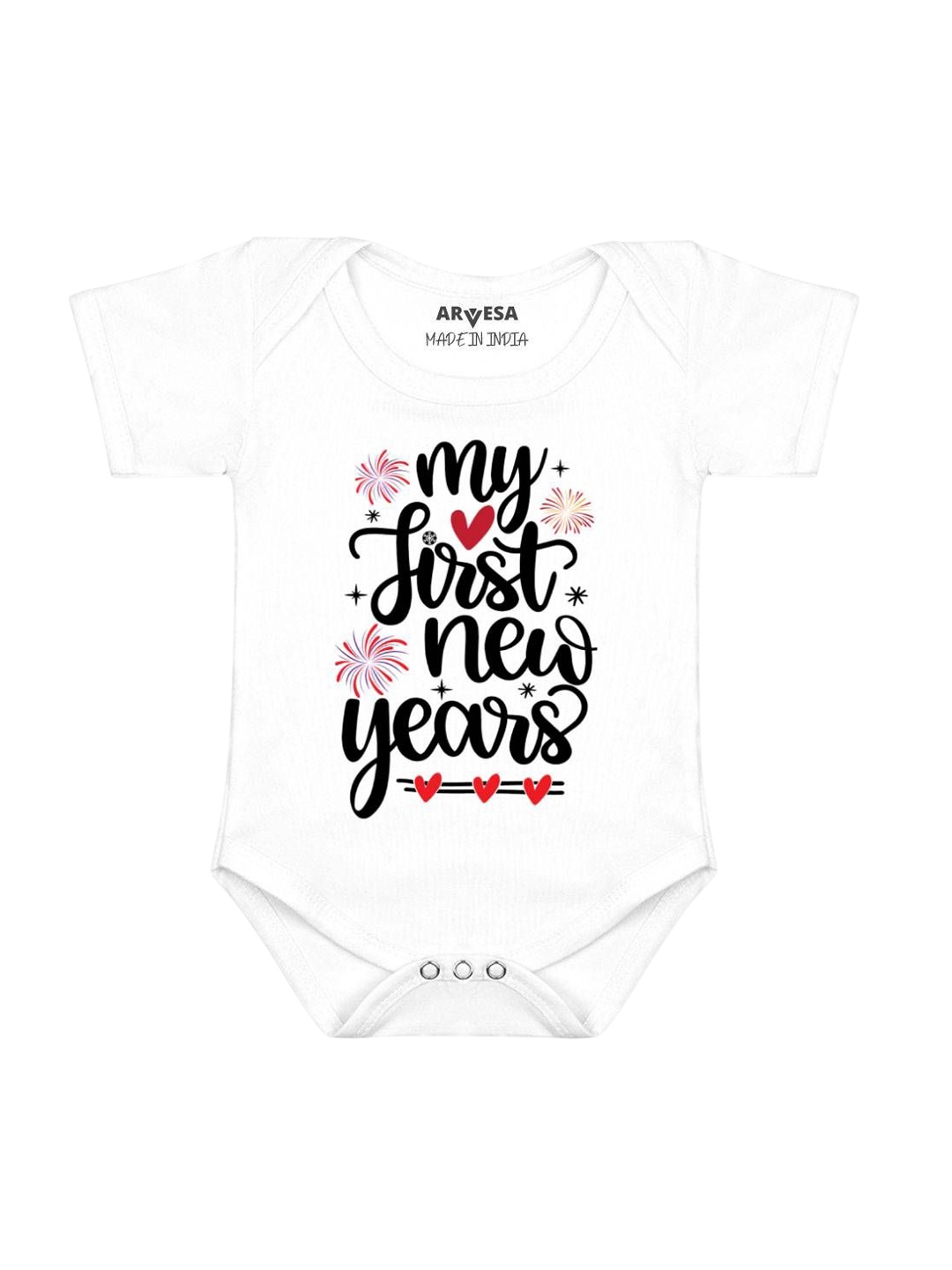 

Arvesa Kids First New Year Printed Envelope Neck Short Neck Romper, White