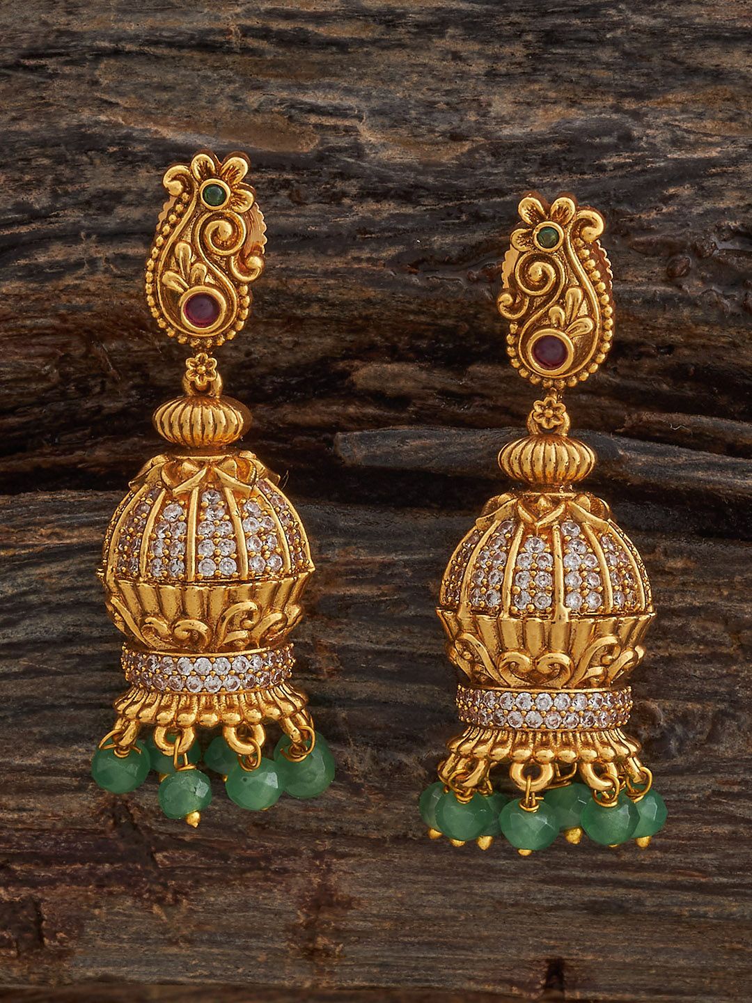 

Kushal's Fashion Jewellery Gold-Plated Ruby Ethnic Antique Dome Shaped Jhumkas Earrings