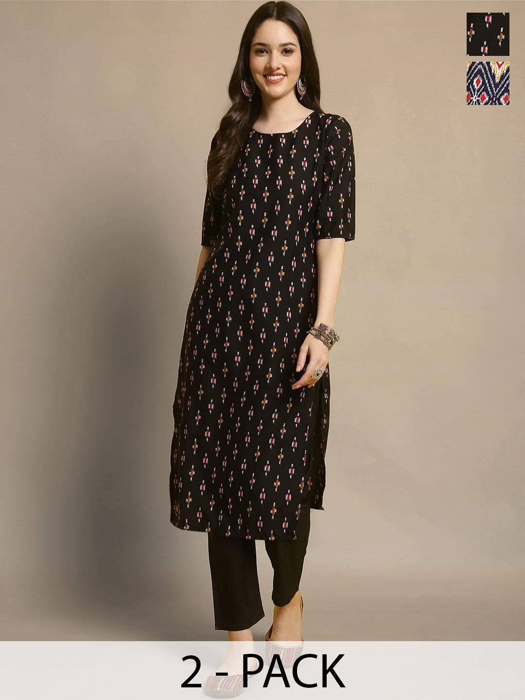 

Moda Rapido Selection Of 2 Ethnic Motifs Printed Round Neck Straight Kurtas With Trousers, Black