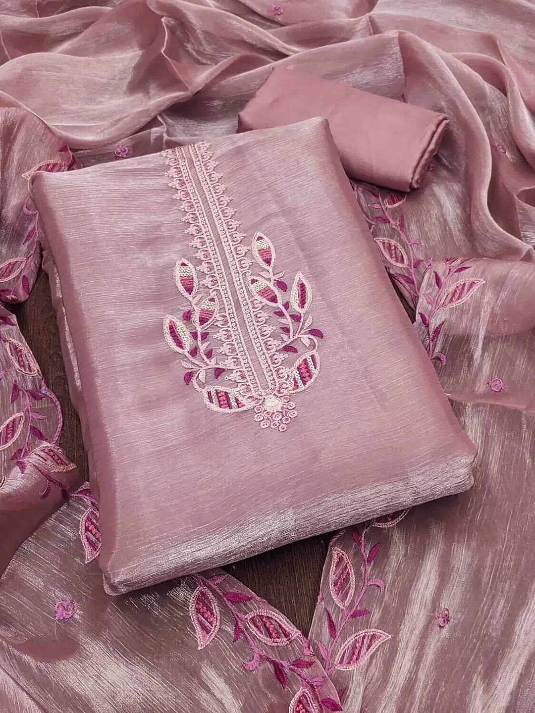 

Blissta Embroidered Silk Chiffon Unstitched Dress Material, Lavender