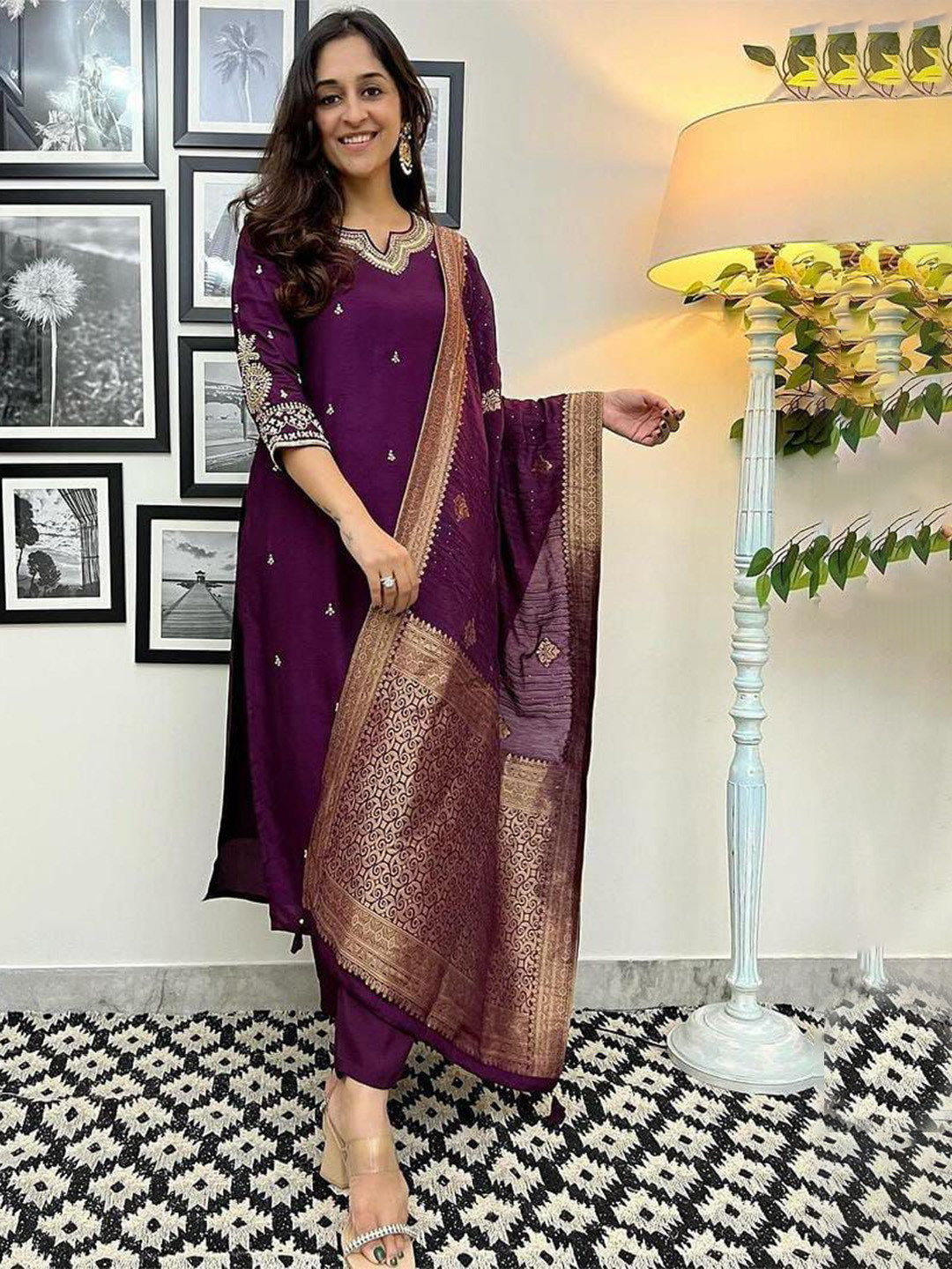 

COLORWINGS Women Ethnic Motifs Embroidered Regular Thread Work Kurta with Palazzos & With Dupatta, Purple