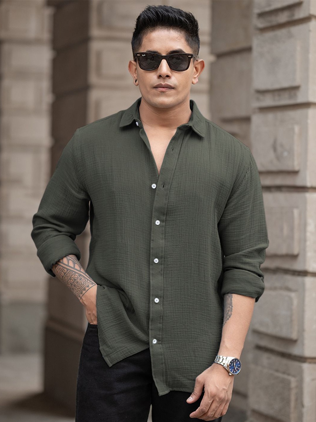 

Powerlook Men Grid Tattersall Checks Opaque Casual Shirt, Olive