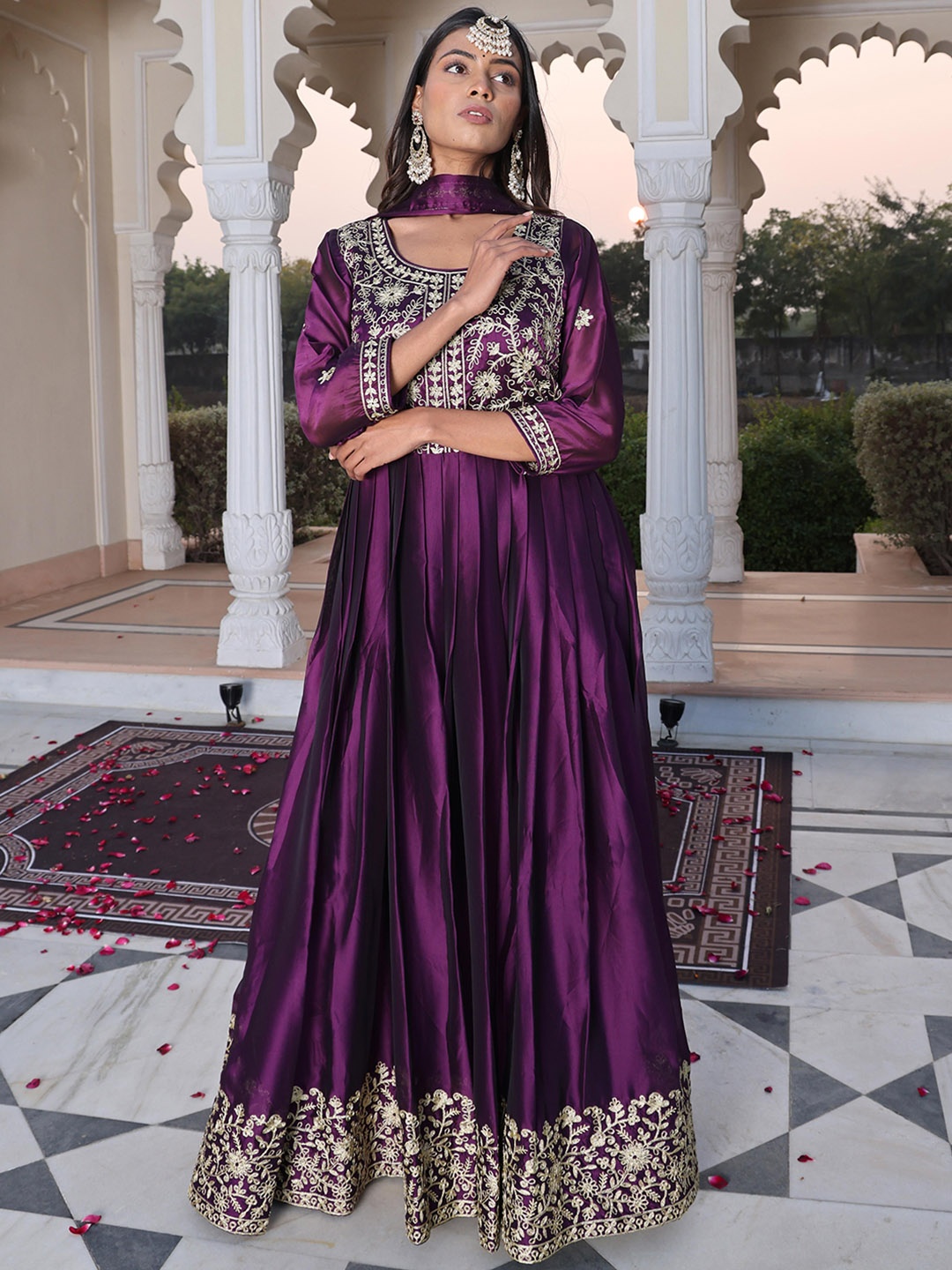 

Warthy Ent Floral Embroidered Empire Ethnic Dress With Dupatta, Purple