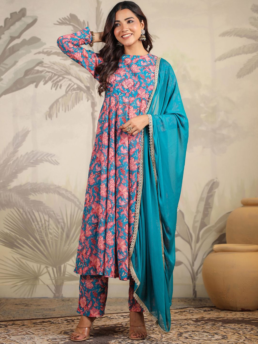 

KALINI Women Floral Printed Regular Kurta with Trousers & With Dupatta, Teal
