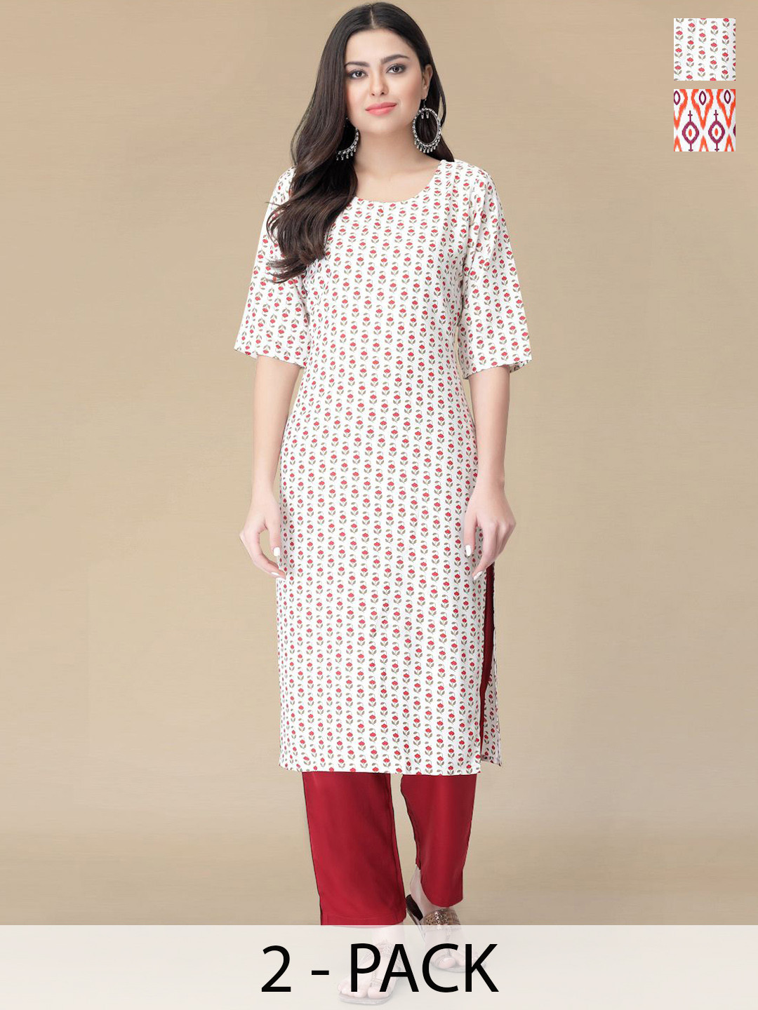 

Moda Rapido Selection Of 2 Floral Printed Round Neck Straight Kurtas With Trousers, White