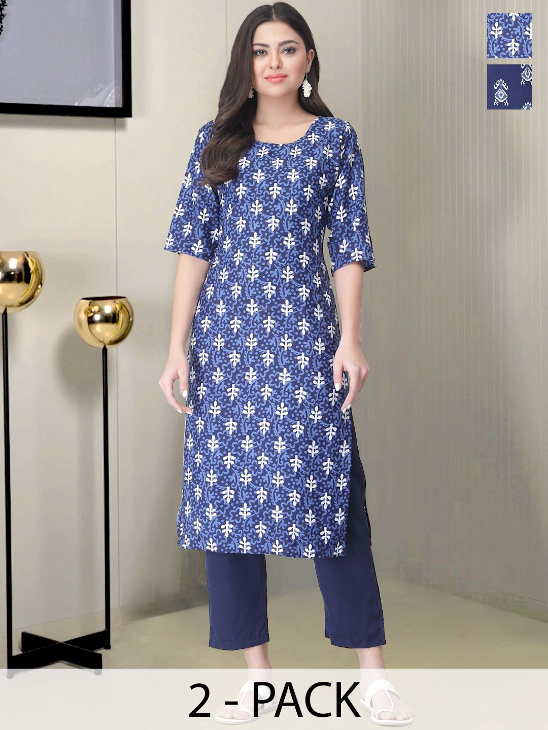 

Moda Rapido Selection of 2 Floral Printed Straight Kurtas With Trousers, Blue